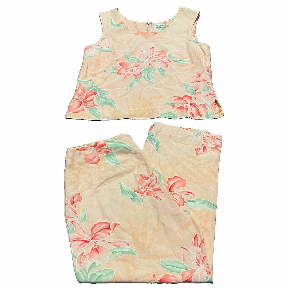 Vtg Tommy Bahama Women’s 2pc 100% Silk Floral V-Neck Sleeveless Pants Set Zip 8